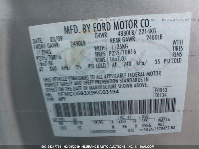 1FMCU593X9KC03194 - 2009 FORD ESCAPE HYBRID SILVER photo 9