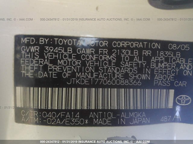 JTKDE177060088366 - 2006 TOYOTA SCION TC თეთრი ფოტო 9