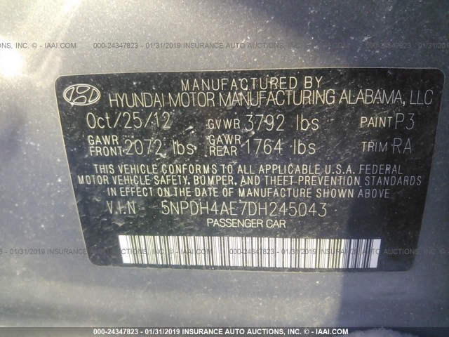 5NPDH4AE7DH245043 - 2013 HYUNDAI ELANTRA GLS/LIMITED GRAY photo 9