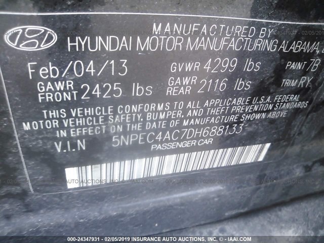 5NPEC4AC7DH688133 - 2013 HYUNDAI SONATA SE/LIMITED GRAY photo 9