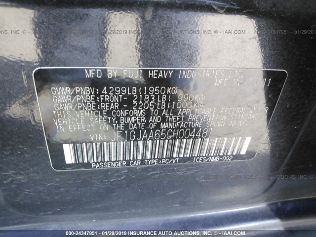 JF1GJAA65CH004481 - 2012 SUBARU IMPREZA GRAY photo 9