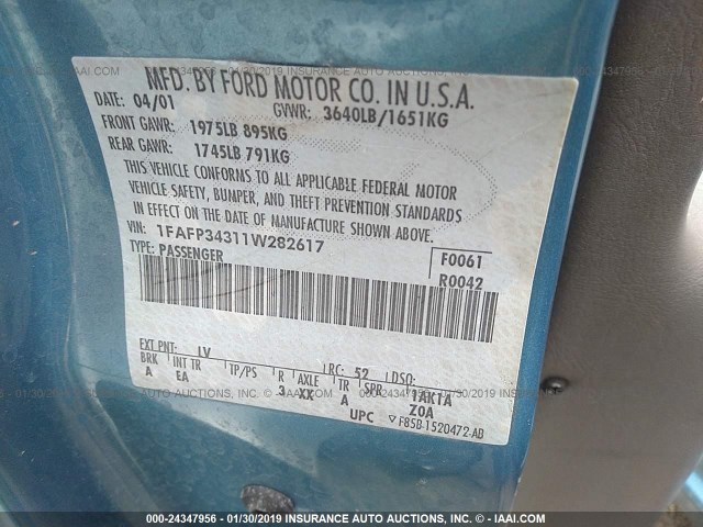 1FAFP34311W282617 - 2001 FORD FOCUS SE/SE SPORT BLUE photo 9