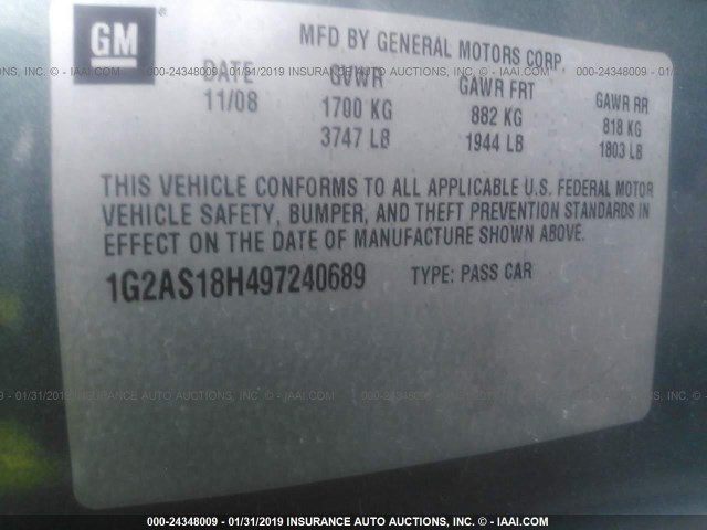 1G2AS18H497240689 - 2009 PONTIAC G5 BLUE photo 9