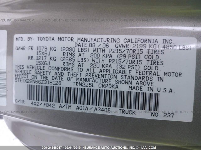 5TETX22N66Z318128 - 2006 TOYOTA TACOMA ACCESS CAB თაფლისფერი ფოტო 9