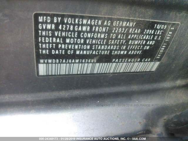 WVWDB7AJ6AW163665 - 2010 VOLKSWAGEN GOLF 灰色 照片 9