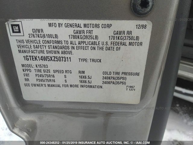 1GTEK14W5XZ507311 - 1999 GMC NEW SIERRA K1500 TAN photo 9