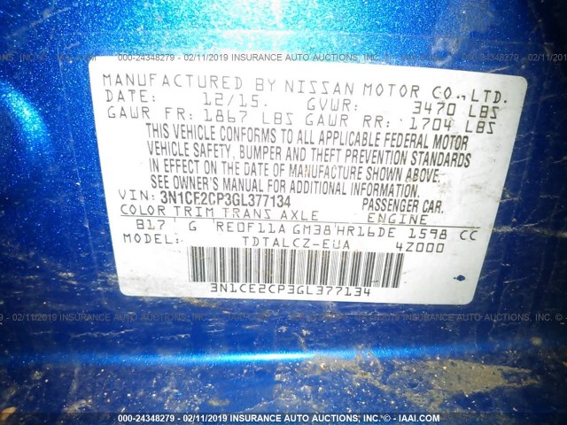 3N1CE2CP3GL377134 - 2016 NISSAN VERSA NOTE S/S PLUS/SV/SL/SR BLUE photo 9