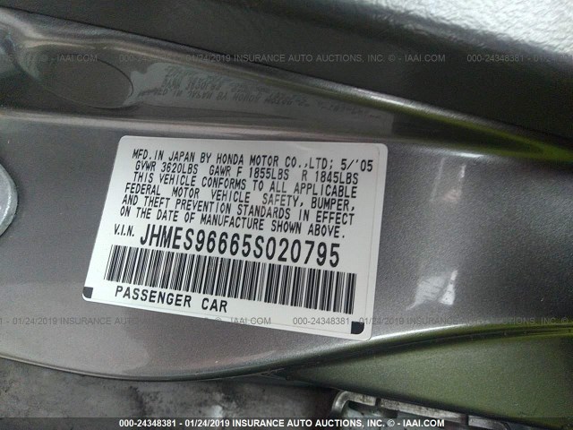 JHMES96665S020795 - 2005 HONDA CIVIC HYBRID GRAY photo 9