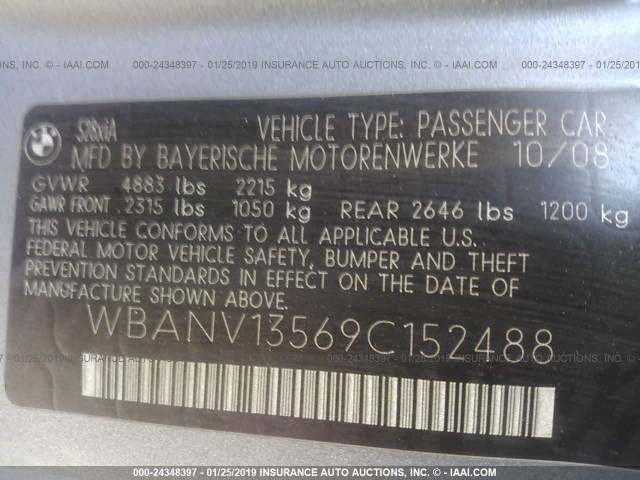 WBANV13569C152488 - 2009 BMW 528 XI GRAY photo 9