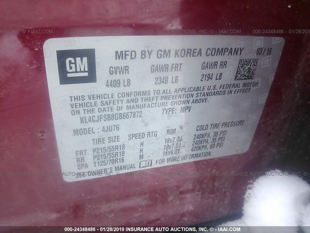 KL4CJFSB8GB667872 - 2016 BUICK ENCORE CONVENIENCE RED photo 9