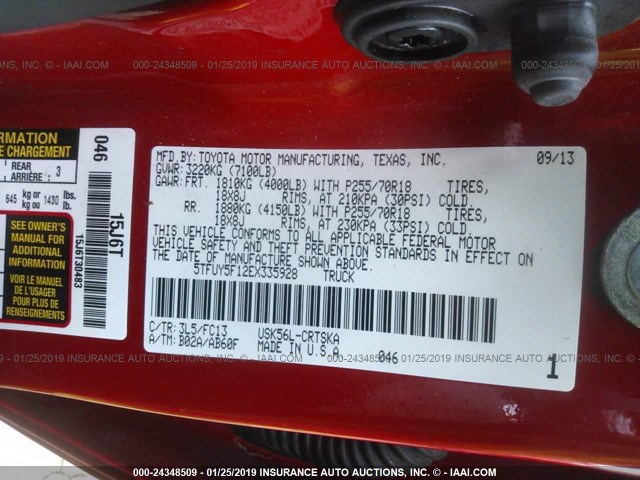 5TFUY5F12EX335928 - 2014 TOYOTA TUNDRA DOUBLE CAB SR/SR5 RED photo 9