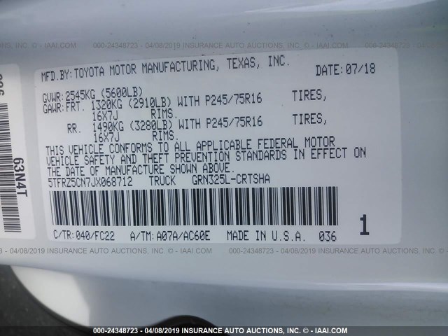 5TFRZ5CN7JX068712 - 2018 TOYOTA TACOMA ACCESS CAB/SR/SR5 WHITE photo 9