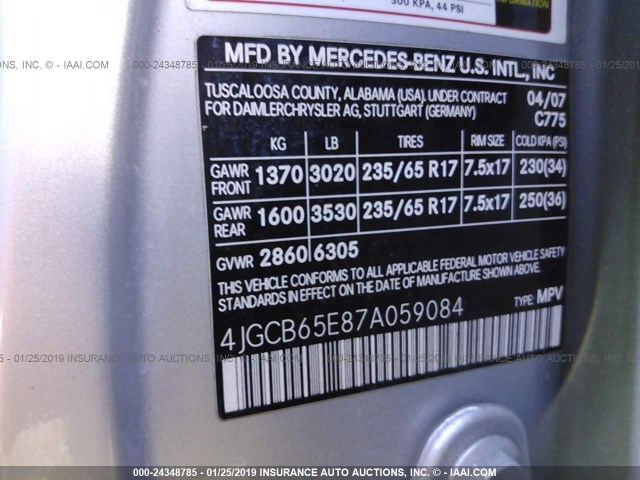 4JGCB65E87A059084 - 2007 MERCEDES-BENZ R 350 SILVER photo 9