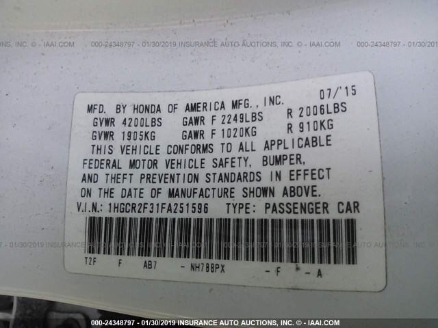 1HGCR2F31FA251596 - 2015 HONDA ACCORD WHITE photo 9