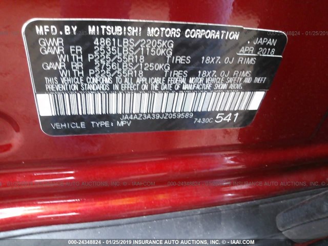 JA4AZ3A39JZ059589 - 2018 MITSUBISHI OUTLANDER SE/SEL/LE RED photo 9