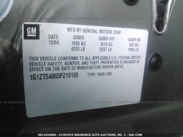 1G1ZT54865F218193 - 2005 CHEVROLET MALIBU LS GREEN photo 9