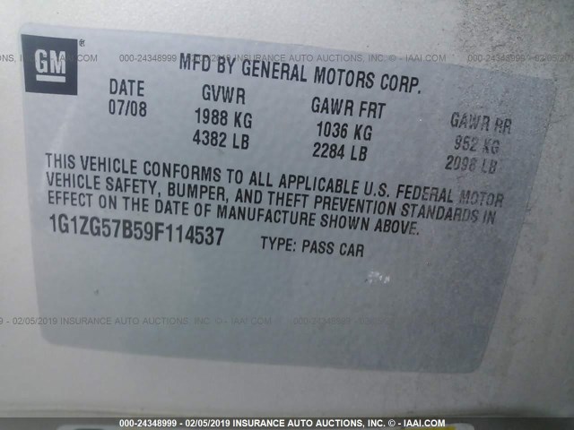 1G1ZG57B59F114537 - 2009 CHEVROLET MALIBU LS TAN photo 9