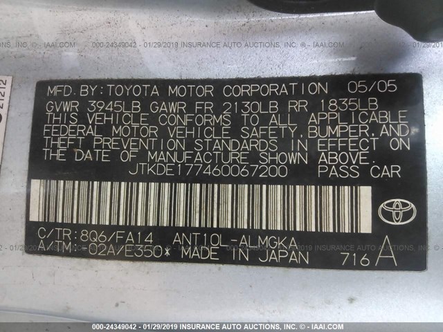 JTKDE177460067200 - 2006 TOYOTA SCION TC შავი ფოტო 9