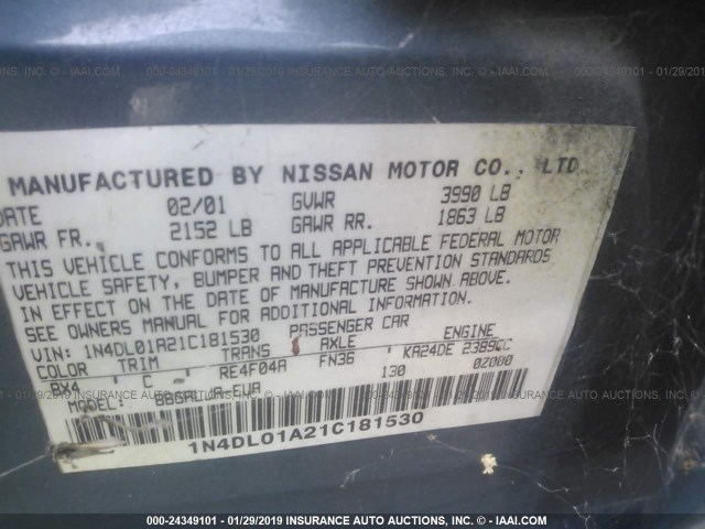 1N4DL01A21C181530 - 2001 NISSAN ALTIMA GXE/GLE/SE BLUE photo 9