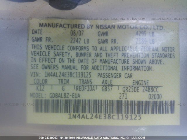 1N4AL24E38C119125 - 2008 NISSAN ALTIMA 2.5S SILVER photo 9