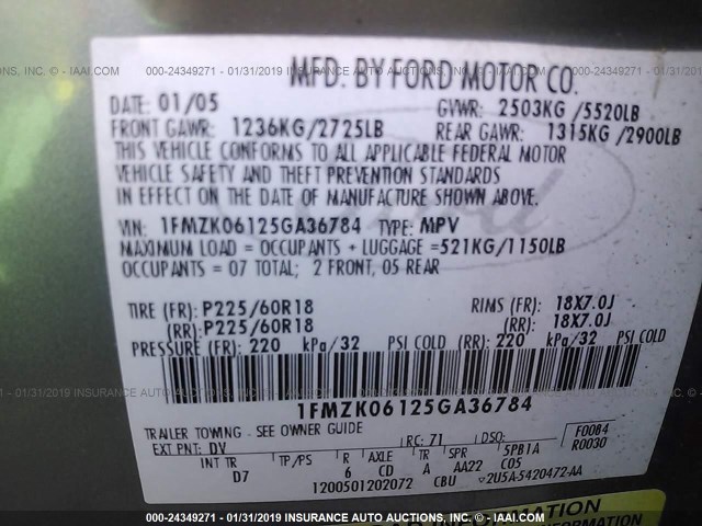 1FMZK06125GA36784 - 2005 FORD FREESTYLE LIMITED GREEN photo 9