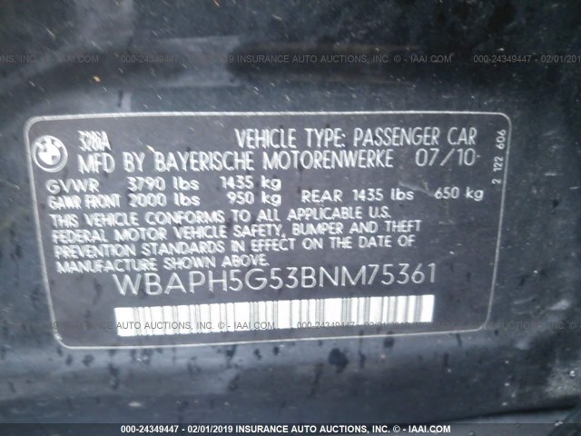 WBAPH5G53BNM75361 - 2011 BMW 328 I SULEV BLACK photo 9