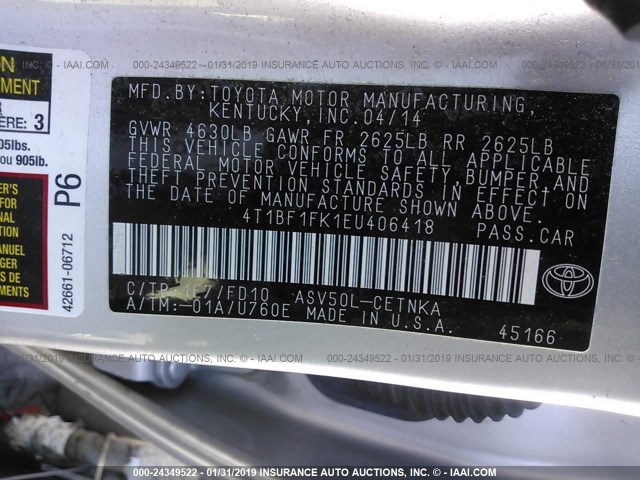 4T1BF1FK1EU406418 - 2014 TOYOTA CAMRY L/SE/LE/XLE SILVER photo 9