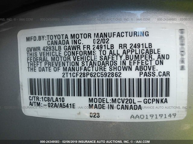 2T1CF28P62C592862 - 2002 TOYOTA CAMRY SOLARA SE/SLE SILVER photo 9