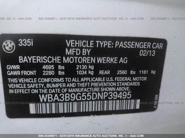 WBA3B9G55DNP39495 - 2013 BMW 335 XI WHITE photo 9