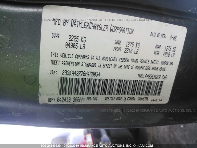 2B3KA43R76H469034 - 2006 DODGE CHARGER SE/SXT BLUE photo 9