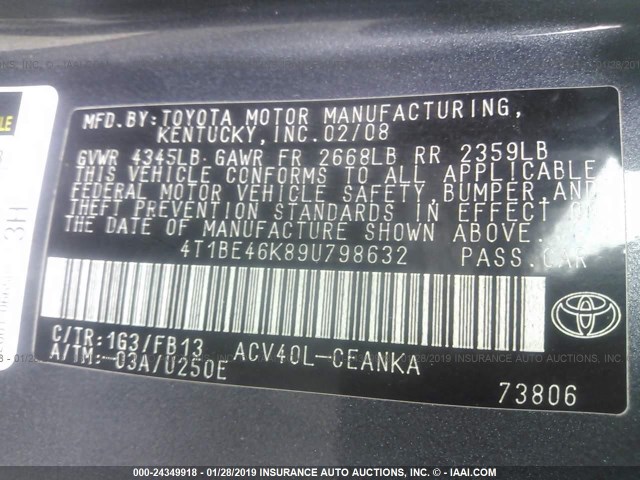 4T1BE46K89U798632 - 2009 TOYOTA CAMRY SE/LE/XLE 灰色 照片 9