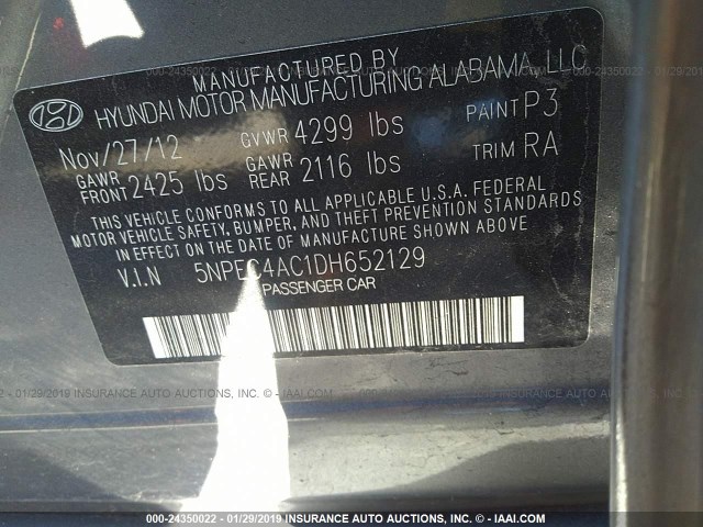 5NPEC4AC1DH652129 - 2013 HYUNDAI SONATA SE/LIMITED GRAY photo 9