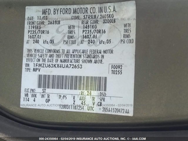 1FMZU63KX4UA72653 - 2004 FORD EXPLORER XLT/XLT SPORT/NBX Vert photo 9