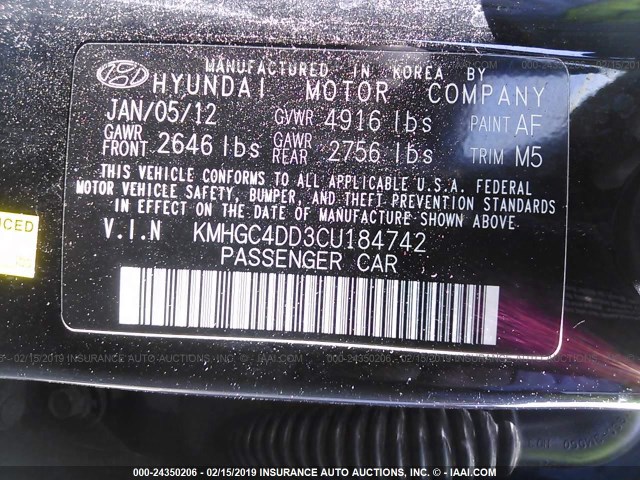 KMHGC4DD3CU184742 - 2012 HYUNDAI GENESIS 3.8L BLACK photo 9