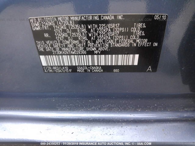 2T3DK4DV7AW028366 - 2010 TOYOTA RAV4 LIMITED BLUE photo 9