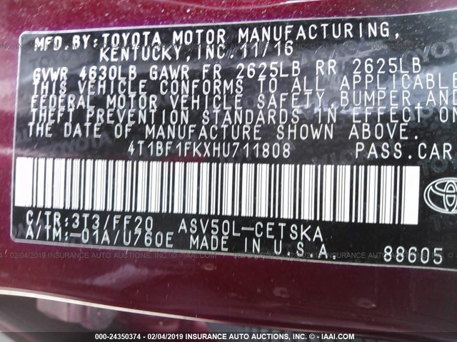4T1BF1FKXHU711808 - 2017 TOYOTA CAMRY LE/XLE/SE/XSE MAROON photo 9