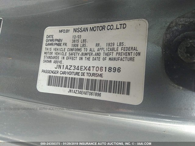 JN1AZ34EX4T061896 - 2004 NISSAN 350Z COUPE GRAY photo 9