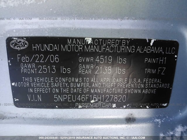 5NPEU46F16H127820 - 2006 HYUNDAI SONATA GLS/LX SILVER photo 9