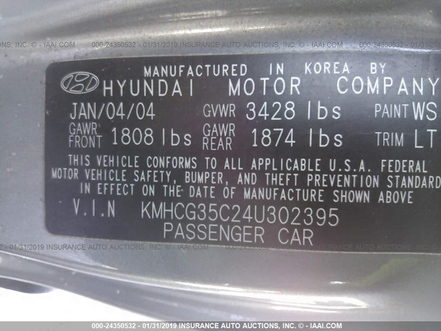 KMHCG35C24U302395 - 2004 HYUNDAI ACCENT GL GRAY photo 9