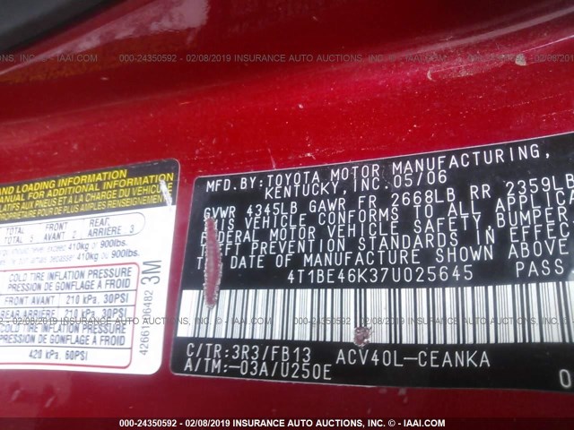 4T1BE46K37U025645 - 2007 TOYOTA CAMRY NEW GENERAT CE/LE/XLE/SE RED photo 9