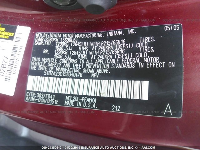 5TDZA23C15S340476 - 2005 TOYOTA SIENNA CE/LE RED photo 9