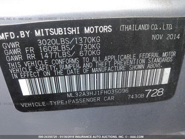 ML32A3HJ1FH035096 - 2015 MITSUBISHI MIRAGE DE SILVER photo 9