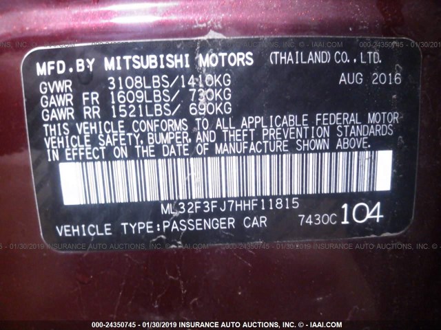 ML32F3FJ7HHF11815 - 2017 MITSUBISHI MIRAGE G4 ES იასამნისფერი ფოტო 9