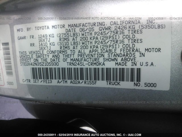 5TEUX42N35Z105930 - 2005 TOYOTA TACOMA ACCESS CAB SILVER photo 9