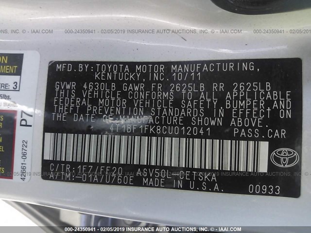 4T1BF1FK8CU012041 - 2012 TOYOTA CAMRY SE/LE/XLE 银色 照片 9