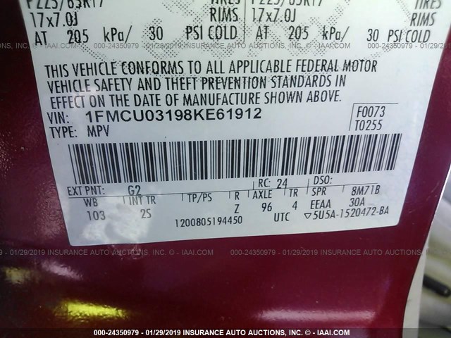 1FMCU03198KE61912 - 2008 FORD ESCAPE XLT RED photo 9