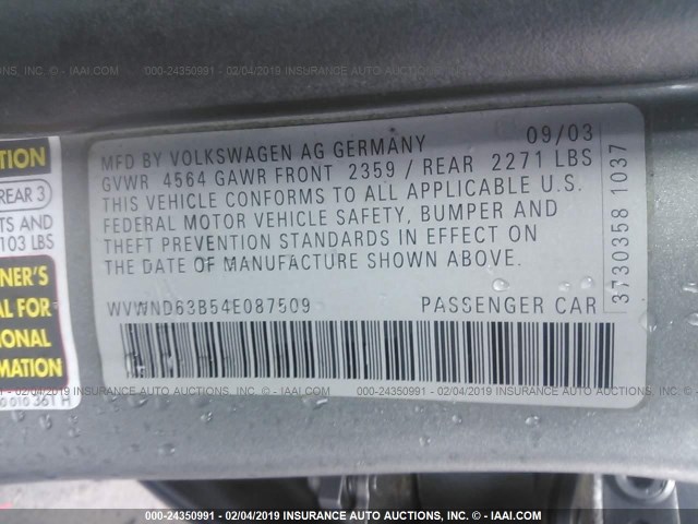 WVWND63B54E087509 - 2004 VOLKSWAGEN PASSAT GL SILVER photo 9