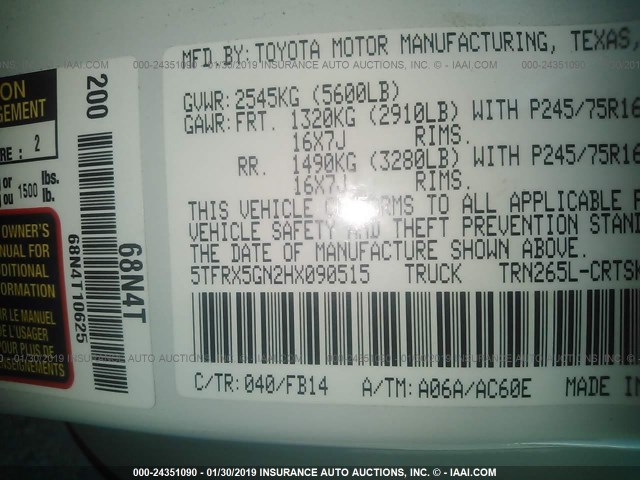 5TFRX5GN2HX090515 - 2017 TOYOTA TACOMA ACCESS CAB/SR/SR5 白色 照片 9