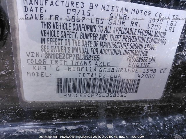 3N1CE2CP7GL358165 - 2016 NISSAN VERSA NOTE S/S PLUS/SV/SL/SR BLACK photo 9