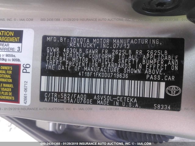 4T1BF1FK0DU719636 - 2013 TOYOTA CAMRY L/SE/LE/XLE Champagne photo 9